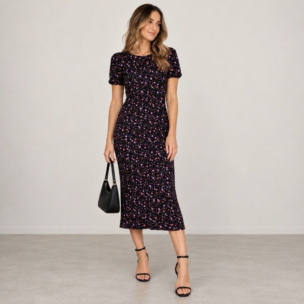 Free People Caroline Black Pink Floral Puff Sleeve Midi Dress Size L Bodycon